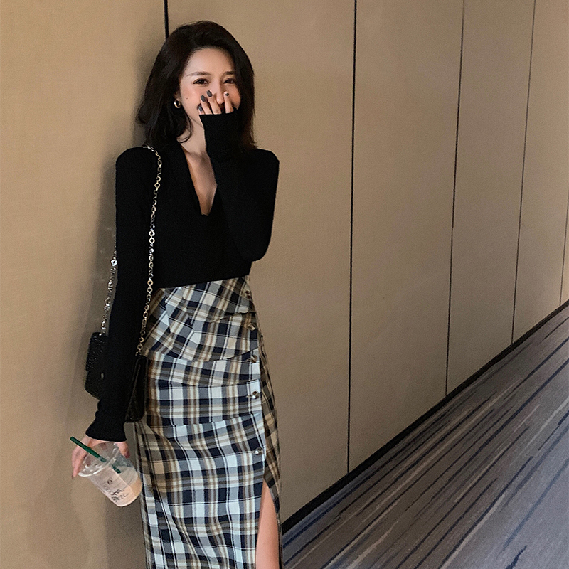 

High waist bag hip skirt plaid skirt female mid-length autumn and winter A-line covering crotch thin slit, Multi