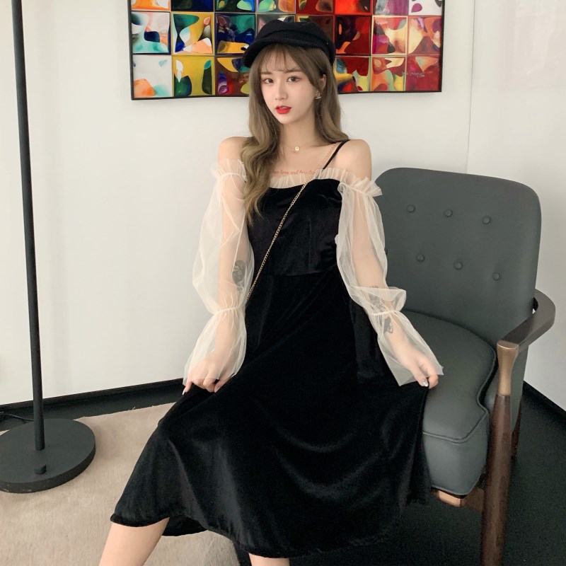 

Lolita Women Velvet Dresses Winter See Through Mesh Ruffles Off Shoulder Lantern Sleeve Slim Slip Dress Plus Size Vestidos P546, Black
