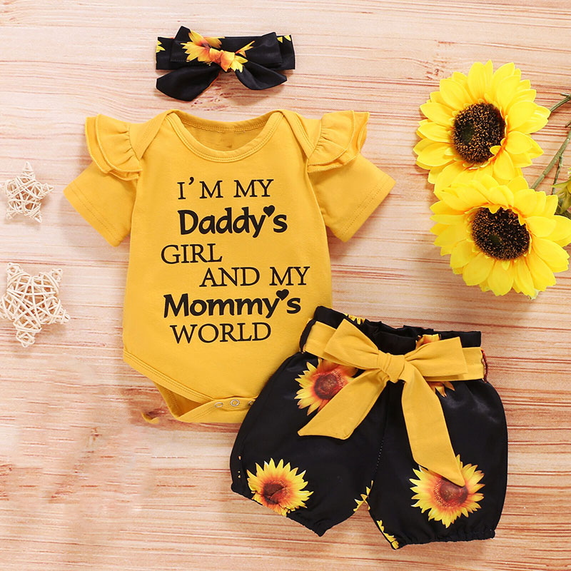 

Baby Clothes Rompers Bodysuit Tops Shorts Headband Outfits Set Letter Tops Print Shorts Headband M09, Black