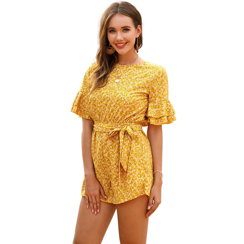 

Women Boho Floral Rompers Ladies Summer Beach Short Playsuit Fashion Ladies Holiday Jumpsuit, Yellow