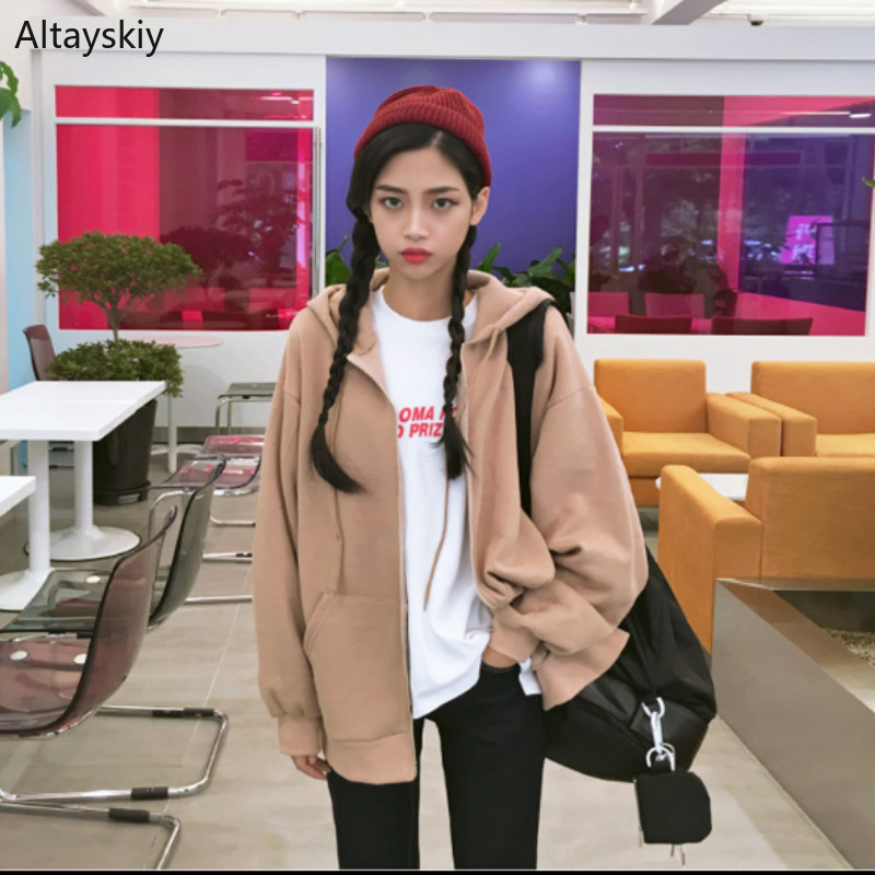 

Hoodies Women Hooded Loose Zipper Simple All-match Korean Style Leisure Daily Sweatshirts Womens High Quality Solid 2020 New, Khaki