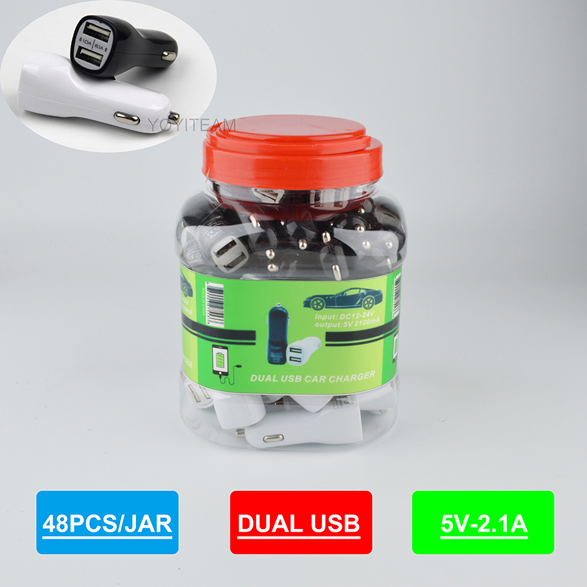 

dual usb car charger in plastic jar charge any mobile phone with two usb port and UPC barcode popular car charger 2100mA