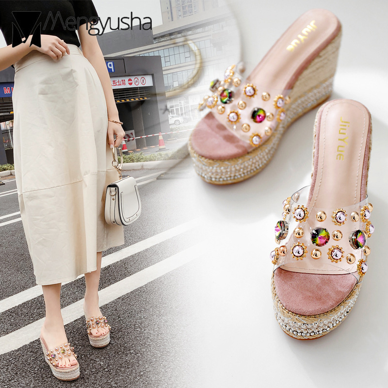 

rhinestone platform sandals women luxury string beading pearl wedges summer shoes gold rivets transparent sandalias mujer straw, Beige