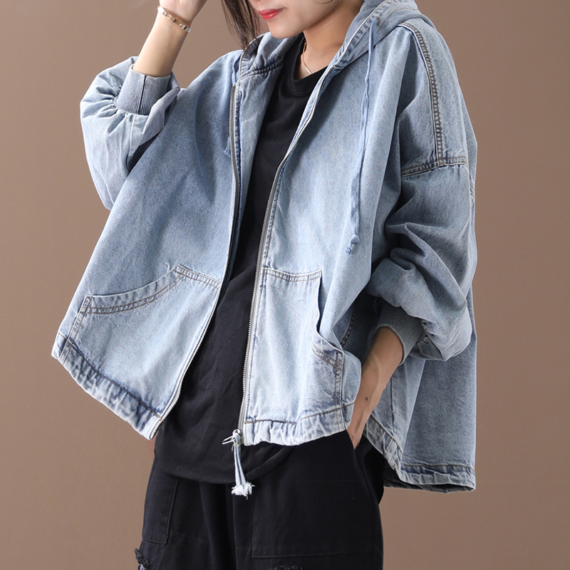 

Female new autumn plus size outerwear literary drawstring hooded washed casual white loose denim short jacket, Dark gray