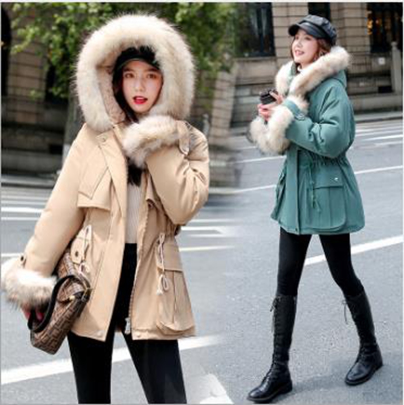 

Wholesale fashion women's mid-length winter clothing new loose plus velvet parka coat, Creamy-white