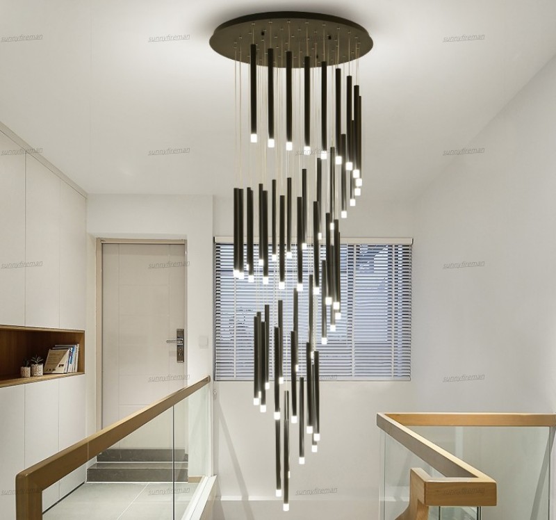 

Modern luxury LED Staircase Black Pendant Lamps Chandelier Indoor Installation Spiral Stairwell Light Hotel Lobby Iron Long Chandeliers Round Lighting