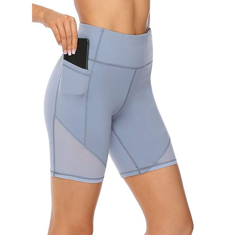 

Women High Waisted Pocket Yoga Biker Shorts Tummy Control Mesh Splicing Leggings, Green