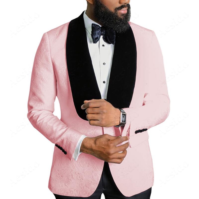 

2020 New 2 Pieces Set Wedding Groom Men Suit Black Velvet Shawl Lapel Jacquard Tuxedo Pink Slim Fit Prom Dress Suits For Men, As picture