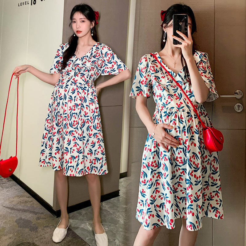 

2020 summer new maternity dress woman wear floral dress high waist slim V-neck floral mid-length pregnant, Transparent