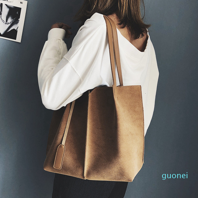 

High Quality Women Suede Handbags Soft Leather Women Bag 2PCS Handbags Set Female Shoulder Bags Large Casual Tote Bags, Black