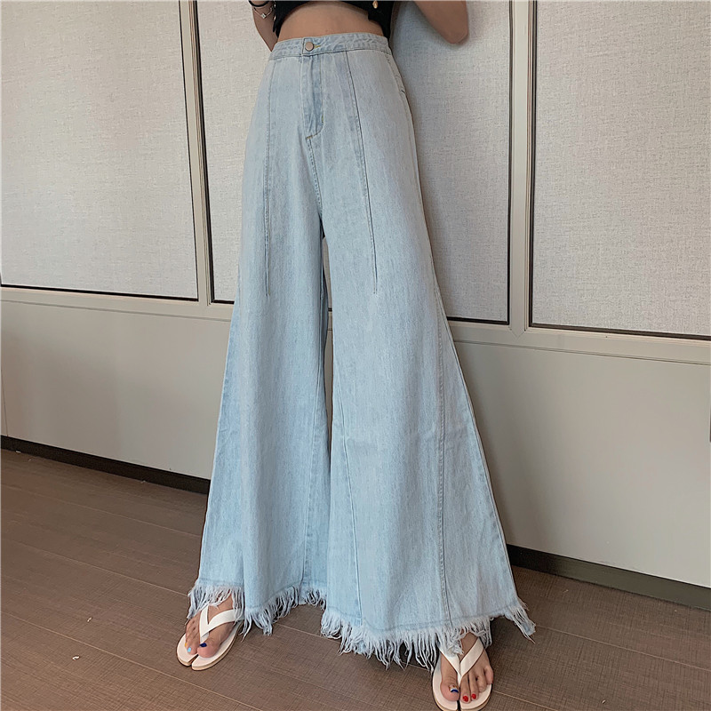 

Women' Clothing Loose 2020 New Fashion brand Korean style pockets High Waist Wide Leg Tassel flare pants softener Jeans, Blue