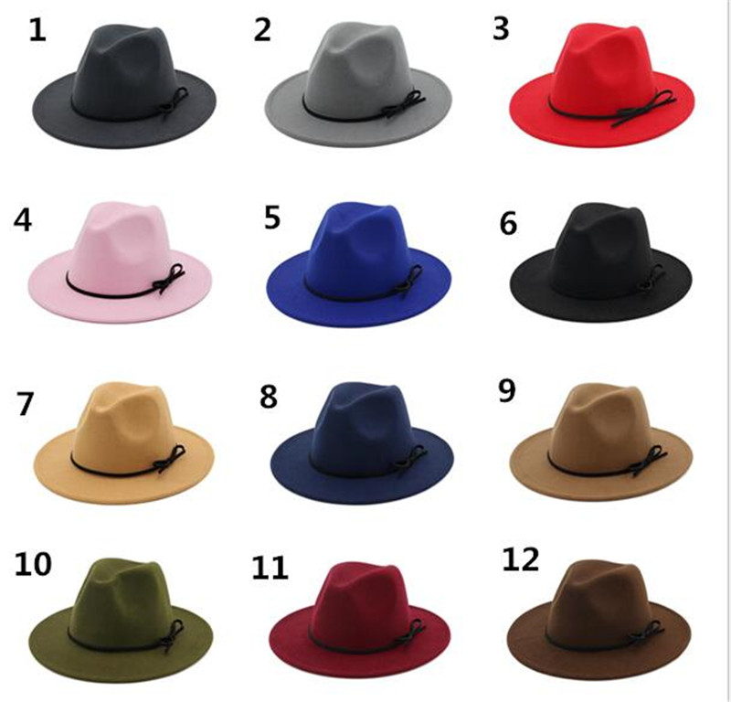 

30pcs Vintage Hats For Women Elegant Solid felt Fedora Hat Band Wide Flat Brim Jazz Hats Stylish Trilby Panama Caps R101, As picture show