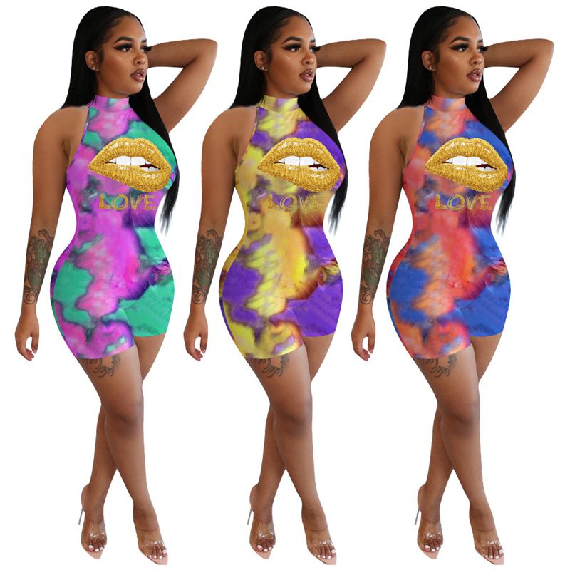 

ZKYZWX Sexy Tie Dye Lips Love Print Rompers Women Jumpsuit Biker Shorts One Peice Club Outfits Summer Clothes Bodycon Playsuit, Purple