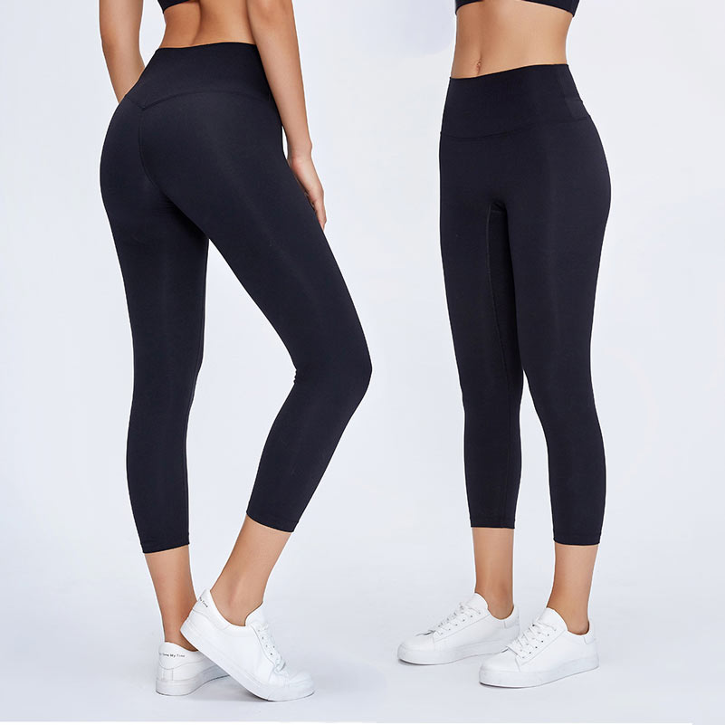 

L2047 Womens Yoga Leggings Nake Feeling Capri Pants High-Rise Outfit No T-Line Elastic Tight Solid Color Sports Trousers, Black