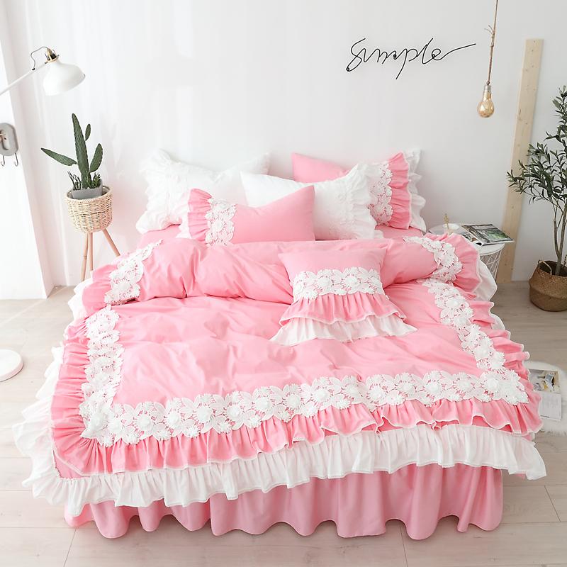 

100%Cotton Bedding Set with Lace Pink Color Bed Cover Sets for Girls Single Queen King Size Bed Skirt Comforter Cover Sets, Color 4