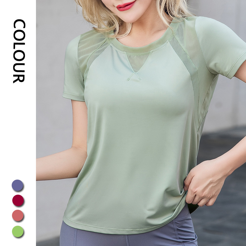 

Women Summer Quick Dry Sport Shirts Elastic Gym Yoga Top Running Shirts Mesh Breathable Workout Gym Short Sleeve T-Shirts C012, C012 light green