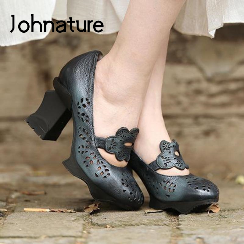 

Johnature Spring Summer 2020 New High Heels Sandals Women Shoes Genuine Leather Retro Shallow Casual Handmade Ladies Sandals, Black