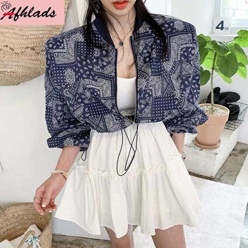 

Geometric print jacket female Korean Vintage drawstring zipper design casual Plus Size Women Fashion Long Sleeve jacket, Blue