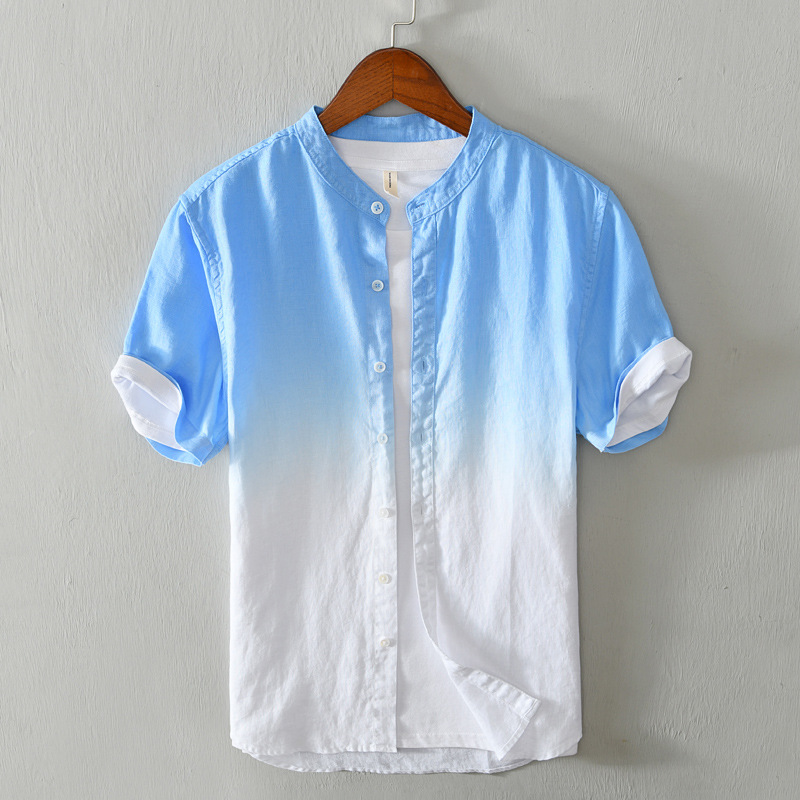 

2020 Summer New High Quality Linnen Shirts Mannen Slim Short Sleeve Blouse, Blue