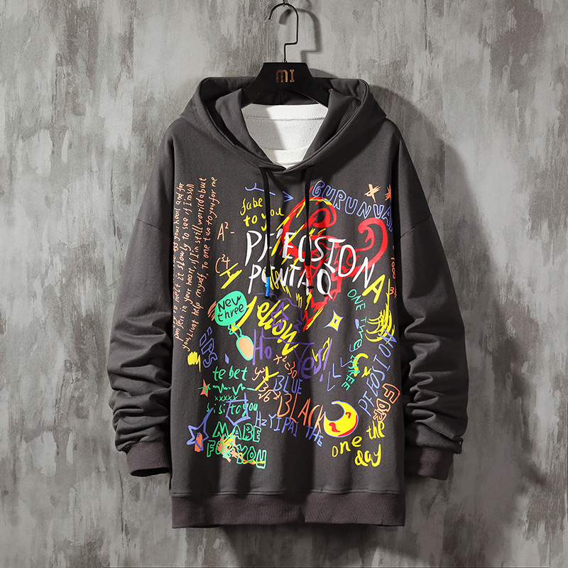 

Men' Streetwear Hoodies Anime graffiti Printing Harajuku Japan style Hip Hop Sweatshirts Dark gray Hoodie Men Clothing, Black
