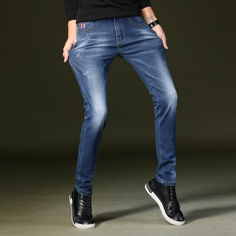 

New Arrivals Men's Fashion Biker Jeans Slim Fit Straight Denim Pants Distressed Trousers, Blue