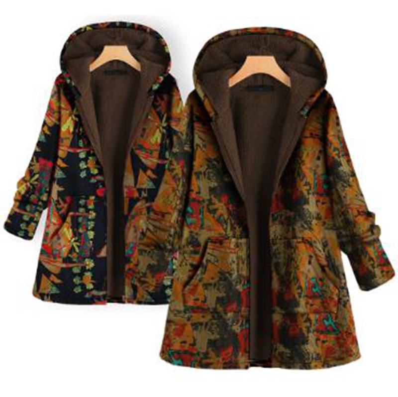 

Wholesale fashion winter cross-border new women's mid-length loose printed hooded plus velvet cotton jacket, Navy blue