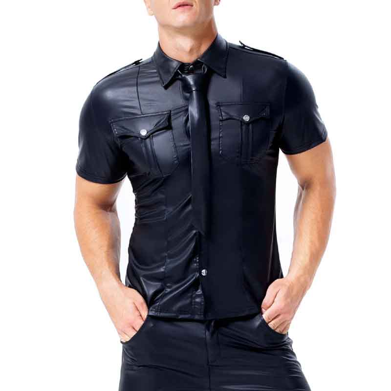 

Men' Shirts PU Leather Short Sleeve Slim Fit Tshirts Male Dance Stage Clubwear T-shirt Men Gothic Streetwear Tops Tee Plus Size, Black