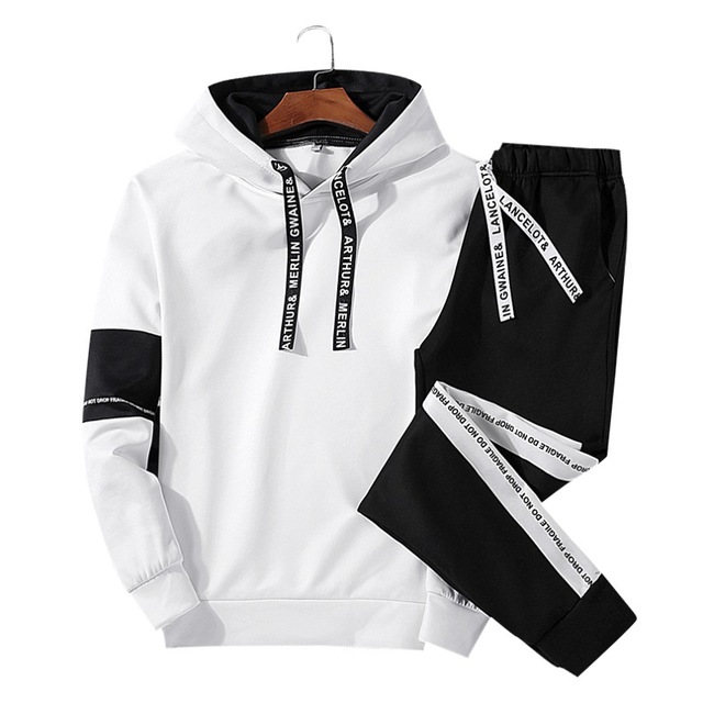 

Men Casual Set Hooded Solid Patchwork 2020 Autumn New Men's Sportswear Hoodies+Pants 2PCS Sets Hip Hop Street Loose Tracksuits, As pic