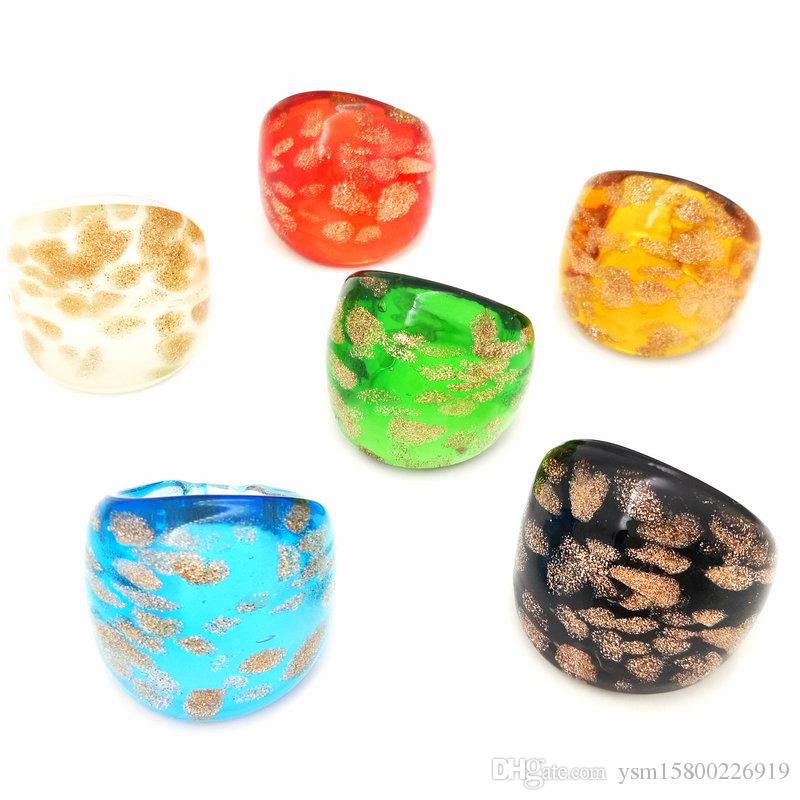 

free wholesale hot 6pcs 1719mm dots gold sand lampwork glass murano rings fashion murano rings