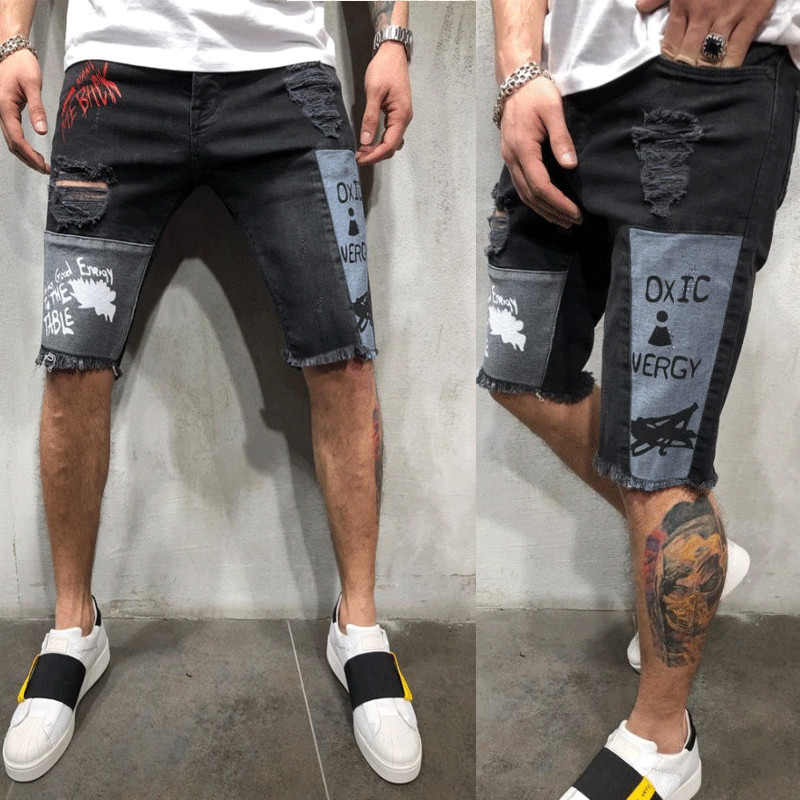 mens black skinny ripped shorts