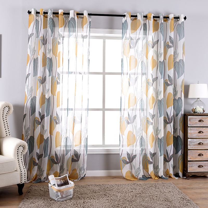 

One Panels Pastoral Style Leaves Tulle Curtains For Living Room Interior Decoration Home Printed Sheer Curtains Drapes, As pic