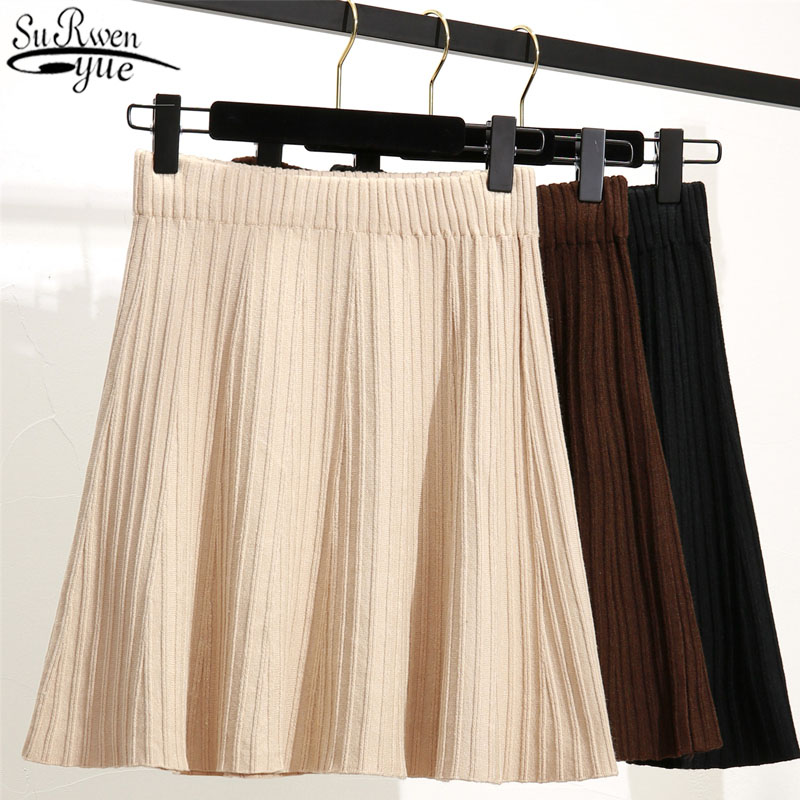 

Knitted Pleated Skirts Women High Waist A-Line Skirt Autumn Winter Casual Solid Skirt 2020 Chic Female Bubble Jupe Femme 10368, Dark brown
