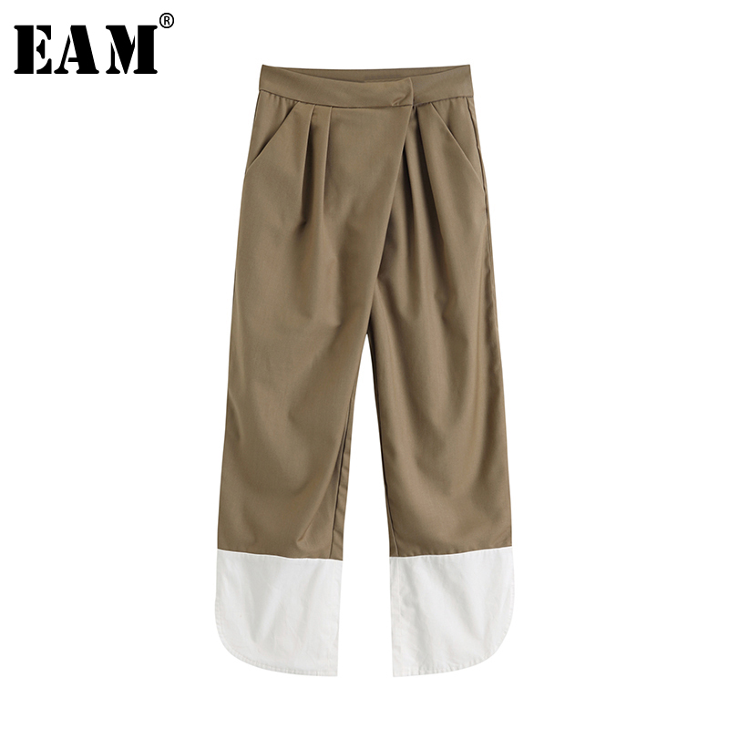 

EAM] High Waist Khaki Contrast Color Split Long Trousers New Loose Fit Pants Women Fashion Tide Spring Autumn 2020 1W167