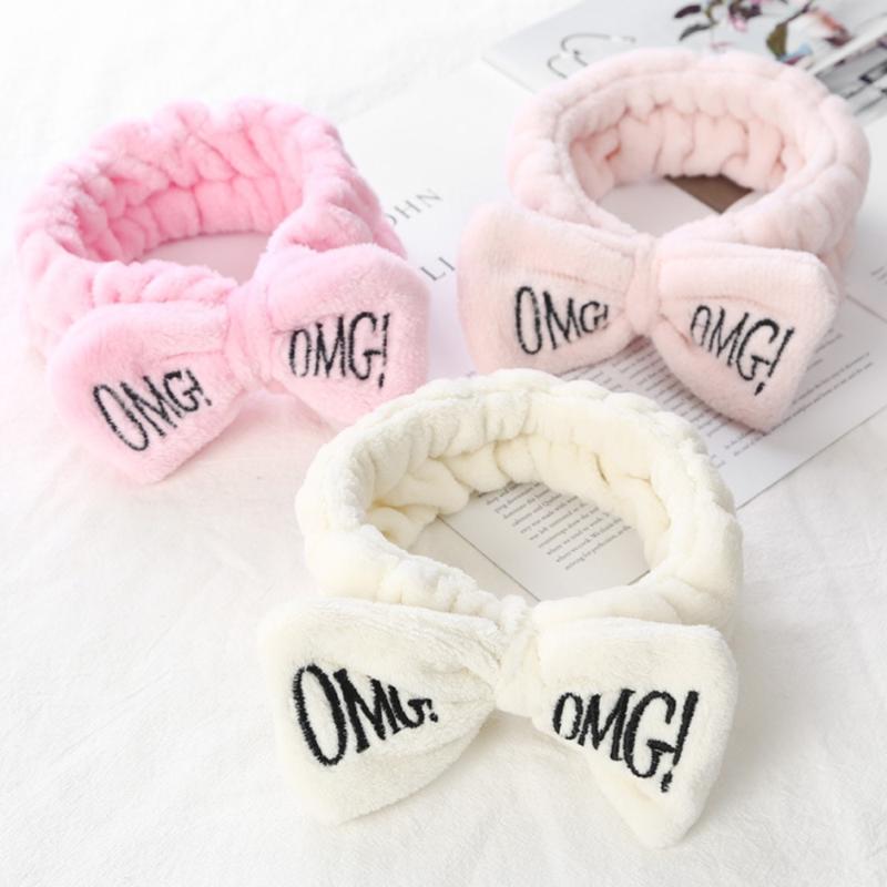

M MISM Letter "OMG" Soft Coral Fleece Bowknot Headbands For Women Girls Bow Elastic Head band Hair band Make Up Hair Accessories