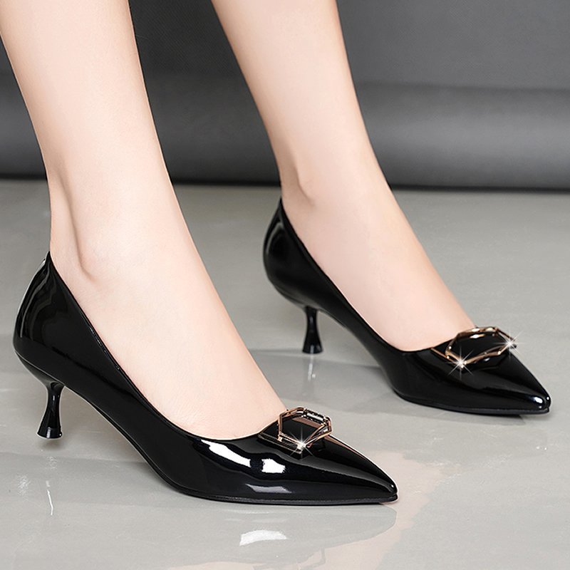 

Women Pumps Patent Leather Dress Shoes Black Medium Heels Metal Office Shoes Ladies Boat Pointed Toe zapatos mujer 8271C, Red