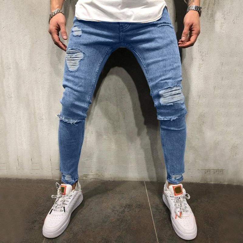 

2020 Straight Destroyed Jeans Brand Slim Casual Ripped Jeans Homme Retro Men's Denim Trousers Solid Denim Trouser Distressed, Blue
