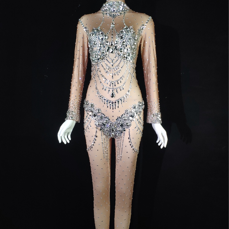 

Sparkly Rhinestone Jumpsuit Women Dance Costume Nude Crystal Rompers Party Celebrate Outfit Club Performance Stage Wear, Beige