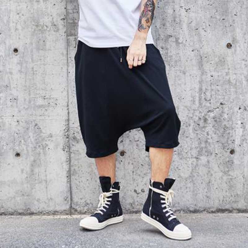 

Men Summer Casual Loose Harem Pant Wide Leg Trousers Male Low Cross Pant High Street Hip Hop Punk Jogger, Black