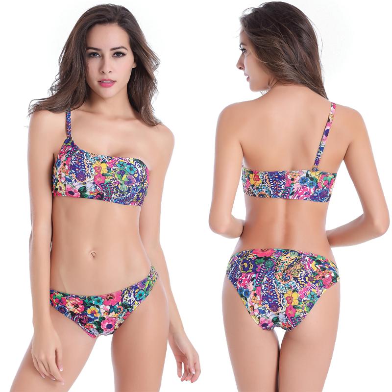 

2pcs/set Women Sexy Slanted Shoulder Strap Fashion Floral Printed Swimsuit