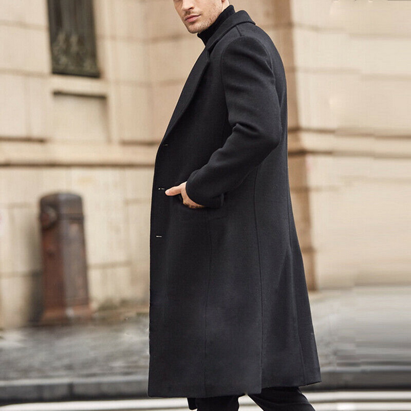 

Autumn Fashion Men Coats Wool Jackets Plain Long Sleeve Warm Faux Fleece Trench Coats Men Winter Long Overcoat Streetwear 2020, Black