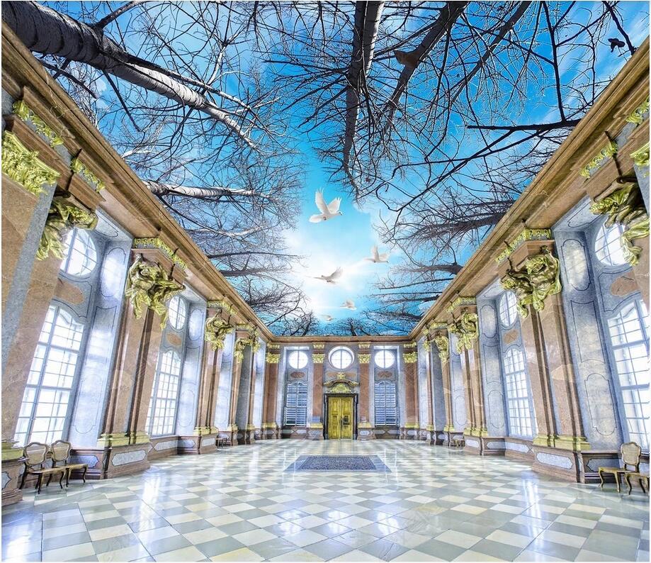 

3d ceiling murals wallpaper custom photo Dead tree art blue sky forest white cloud suspended ceiling zenith painting wallpaper for walls 3 d, Non-woven wallpaper
