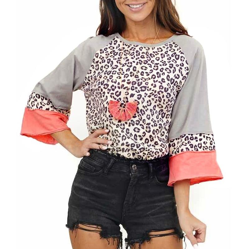 

Streetwear Flare Sleeve Leopard Shirts Women Spring Autumn Fashion Patchwork Blouse And Tops Casual Loose Round Neck Blusa Tunic, As pic