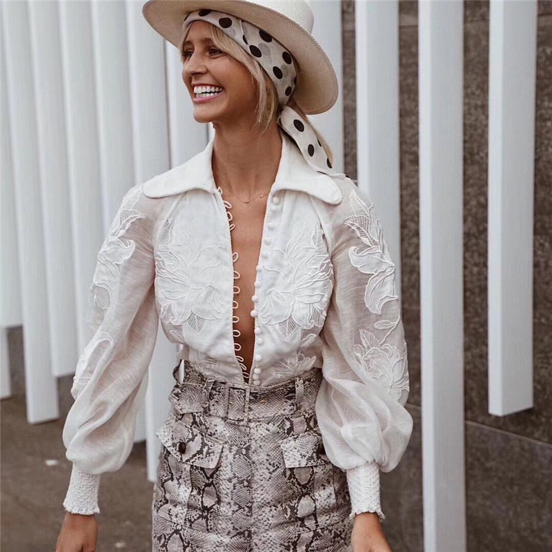 

2020 new arrive white color full sleeve embroidery women blouse