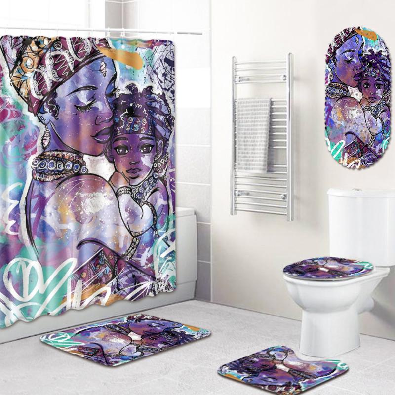 

African American Women Shower Curtain Bath Rug Set Toilet Cover Bath Mat Set Bathroom Accessories Curtains With Hooks 5 Pcs/Set