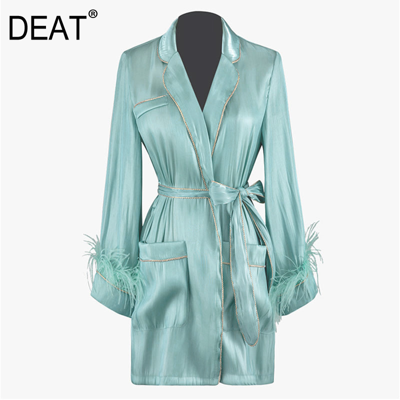

DEAT 2020 new spring fashion women clothes turn-down collar flare sleeves fur patchwork organza cardigan with belt WK41906L, As picture