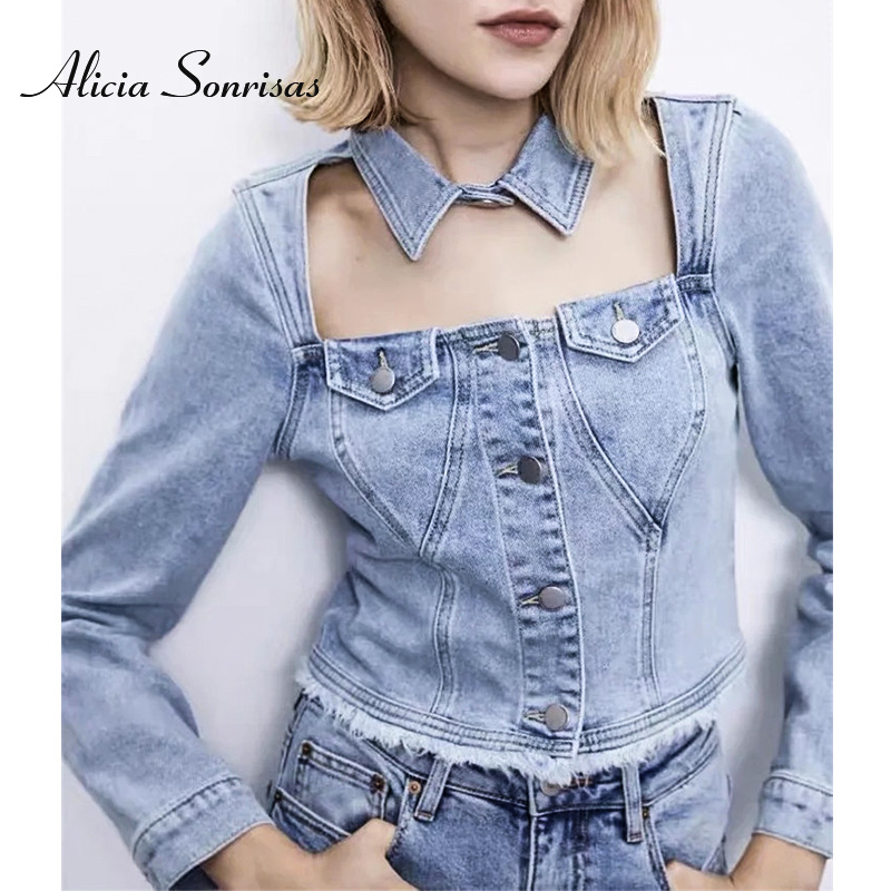 

Crop Denim Jacket Women Sexy Chest Hollow Turn-down Collar Jeans Coat Autumn Slim Single Breasted Tops Streetwear Jeans Jacket, Blue