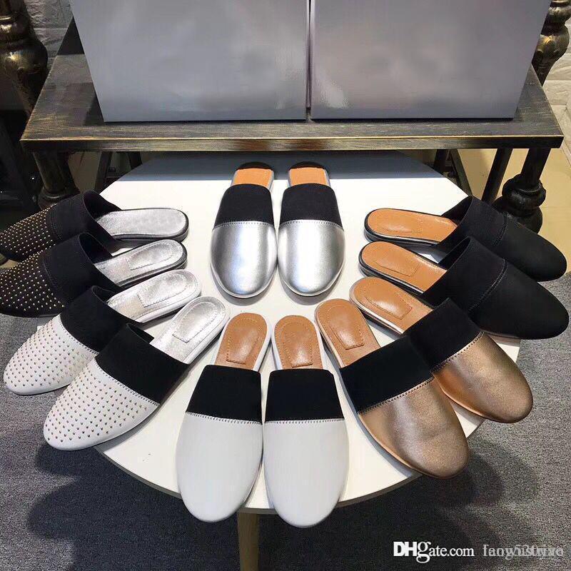 

Summer Beach slippers classic Designer Baotou Lazy Flat Flip flops 100% leather lady Slides letter women shoes cowhide Metal Sandals Large size 35-42 With box, White-riveted