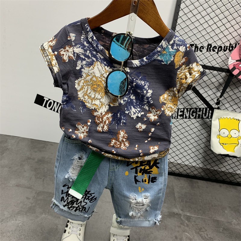 

2PCS WLG boys summer clothing set kids floral printed t shirt and denim ripped short set children clothes, Black