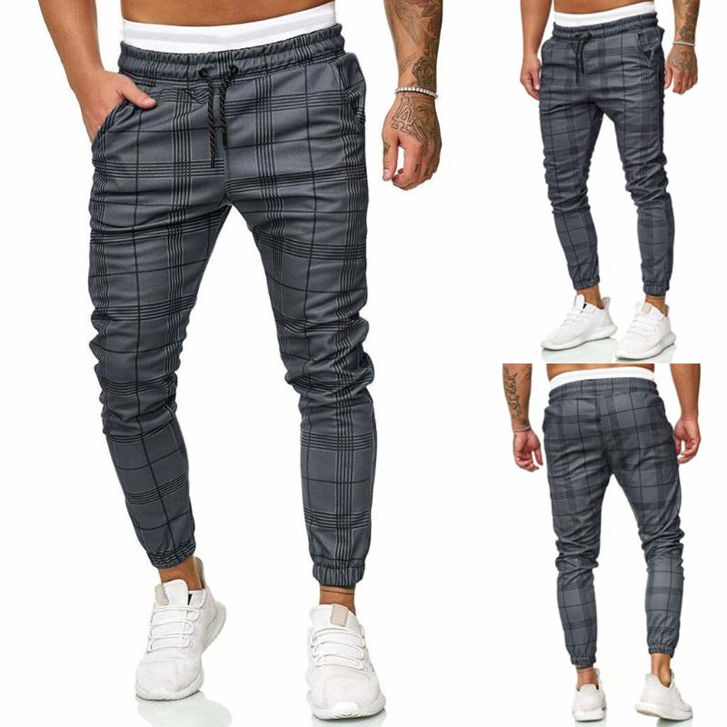

Men' Long Casual Sport Running Pants Slim Fit Plaid Trousers Running Joggers Sweatpants Black Fitness Gym Clothing With Pocket, As photo