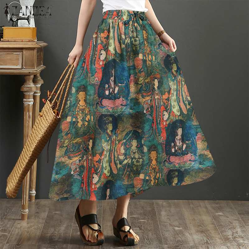

Autumn ZANZEA Women Casual Printed Kaftan High Elastic Waist Skirt Faldas Saia Ethnic Long Skirts Vestidos Robe Femme Plus Size, Green